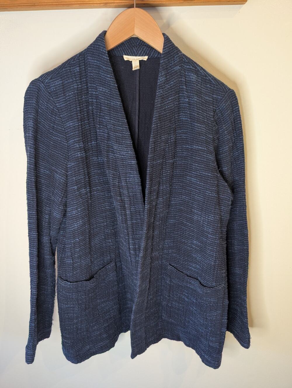 Eileen Fisher Blue Textured Open Front Cardigan Minimalist Cozy Pockets M